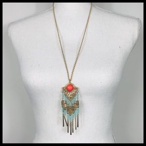 Turquoise/Coral/Gold Pendant Necklace